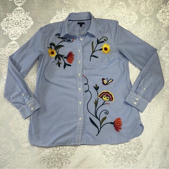 Talbots Embroidered 100% Cotton Button Down Ling Sleeve Blue & White Size Small - Picture 4 of 12
